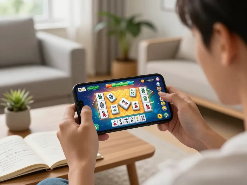 Player celebrating a win while playing slot mahjong on a mobile device at home, showcasing vibrant game graphics.