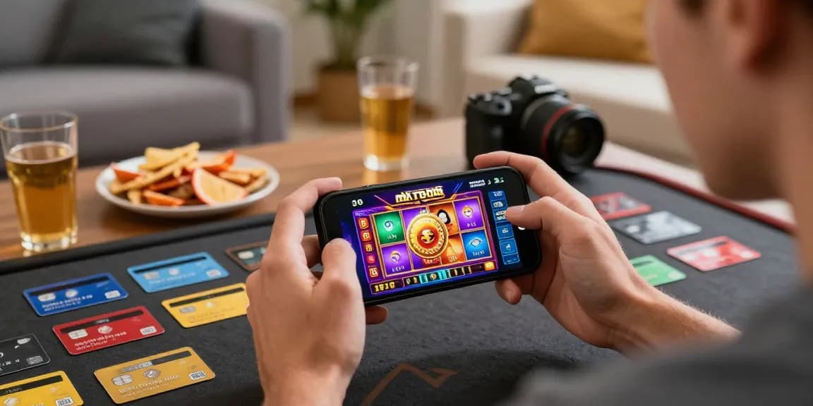 Exciting gaming scene showcasing credit card casinos UK with a player on mobile slots and credit cards