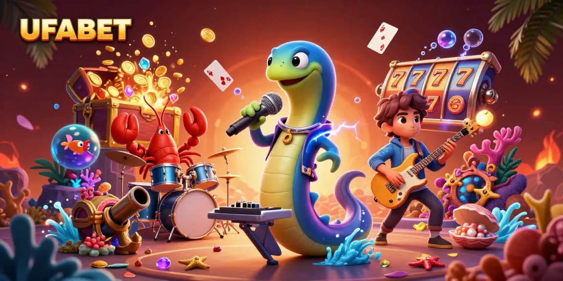 UFABET captivates players with a vibrant underwater casino scene featuring electric eel DJ and casino elements.