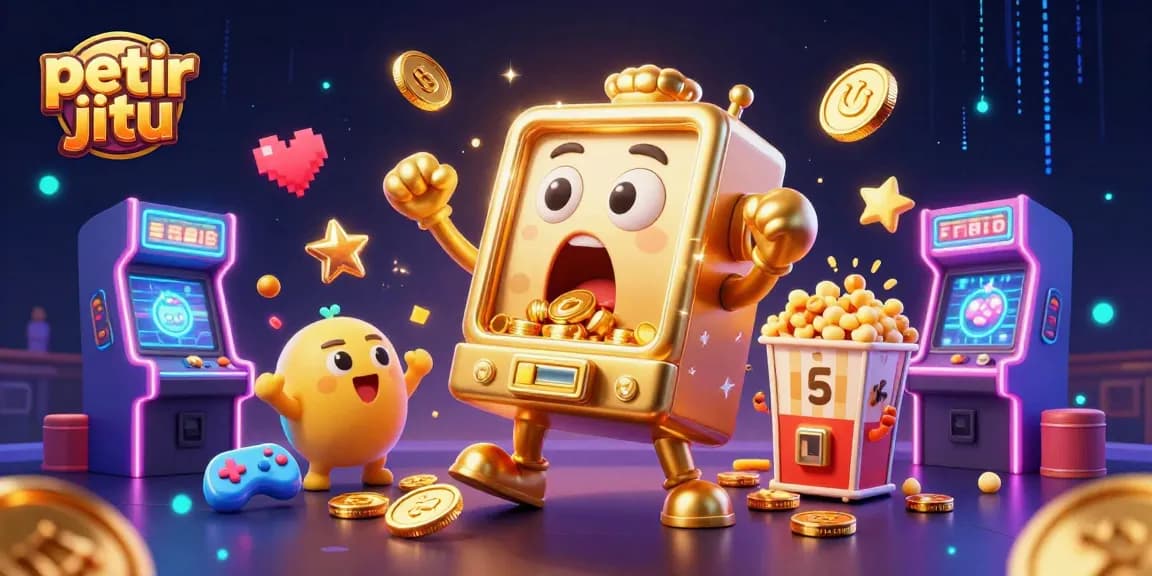 Petir jitu menghadirkan slot mesin emas kartun yang menang jackpot, dikelilingi mesin kecil yang bersorak.