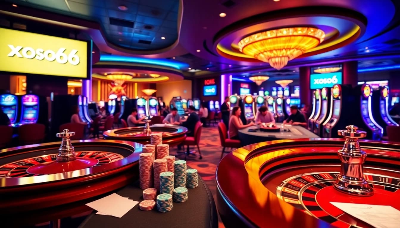 Xoso66 players enjoying classic casino games with vibrant ambiance and professional setup.