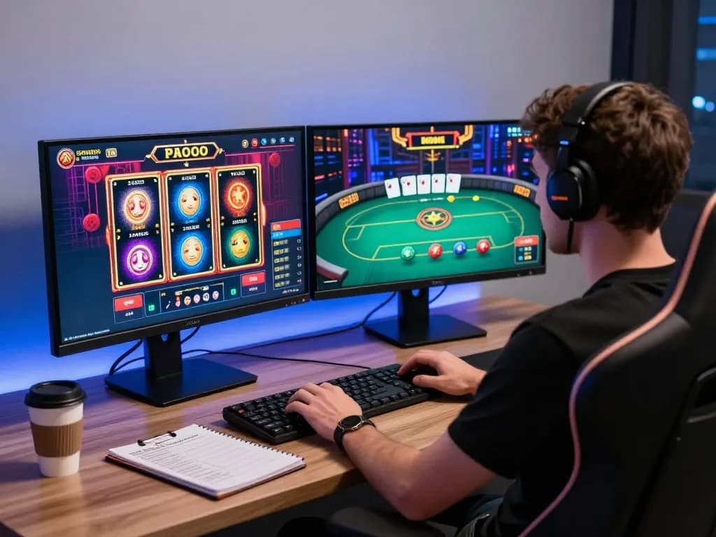 Engaged gamer using spinadvisor for online slot and poker strategies in a modern home office.
