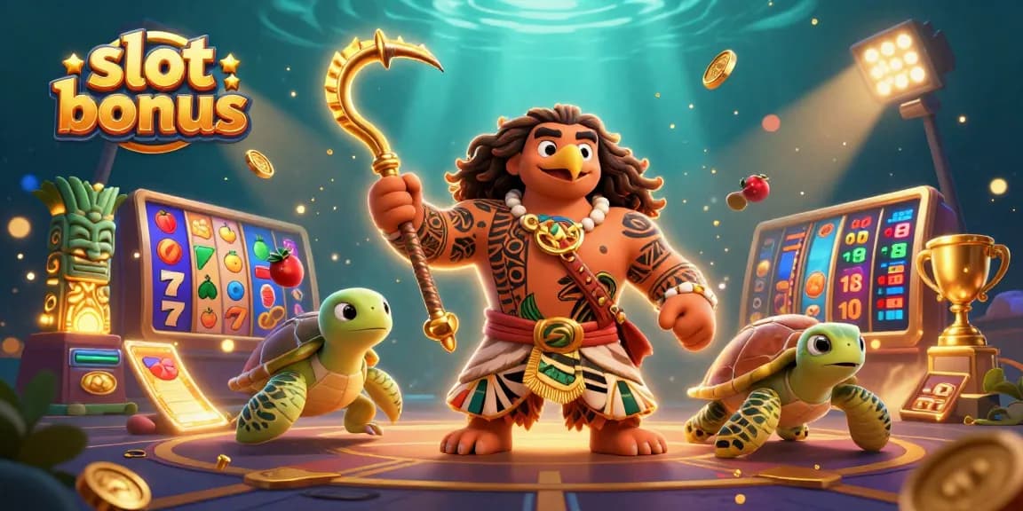 Engage in the exhilarating world of slot bonus mechanics with our vibrant scene of a mystical demigod and turtle among spinning reels and vivid elements.