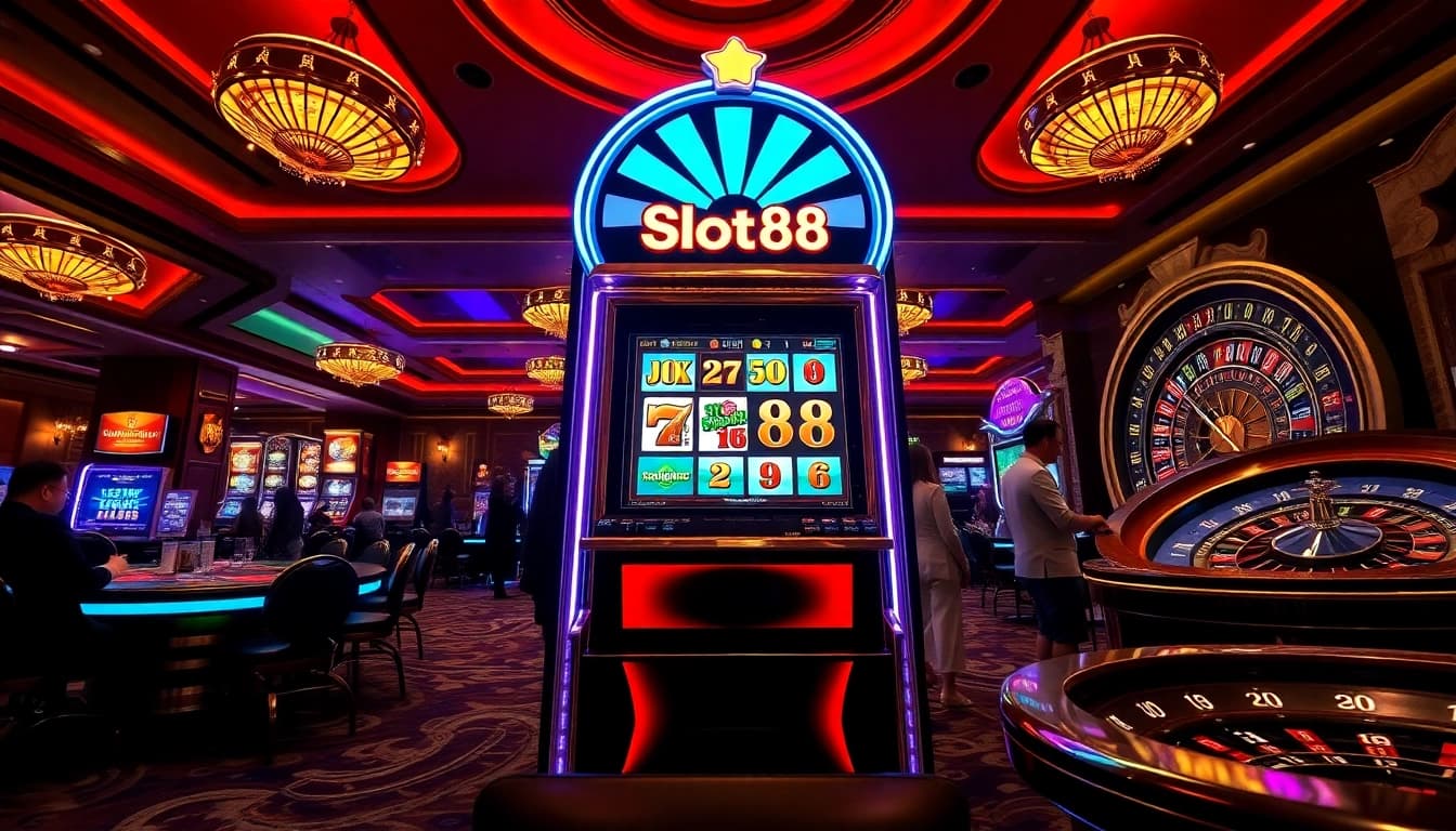 Players winning at Dewa Slot88 slot machines in a vibrant casino atmosphere.