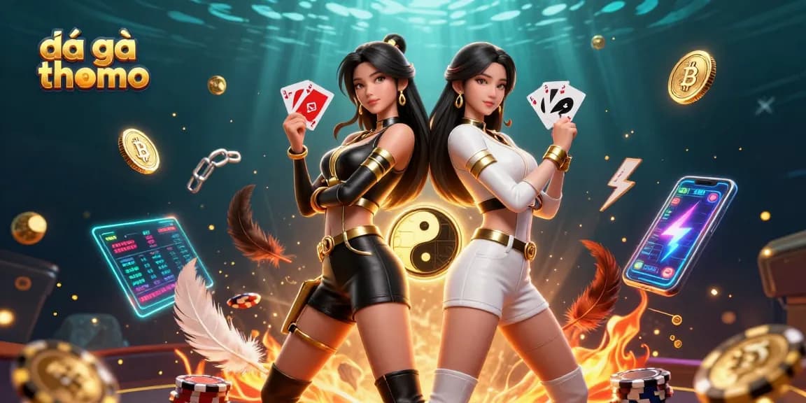 Experience đá gà thomo with stunning visuals of twin Asian women posing with playing cards amidst vibrant casino elements.