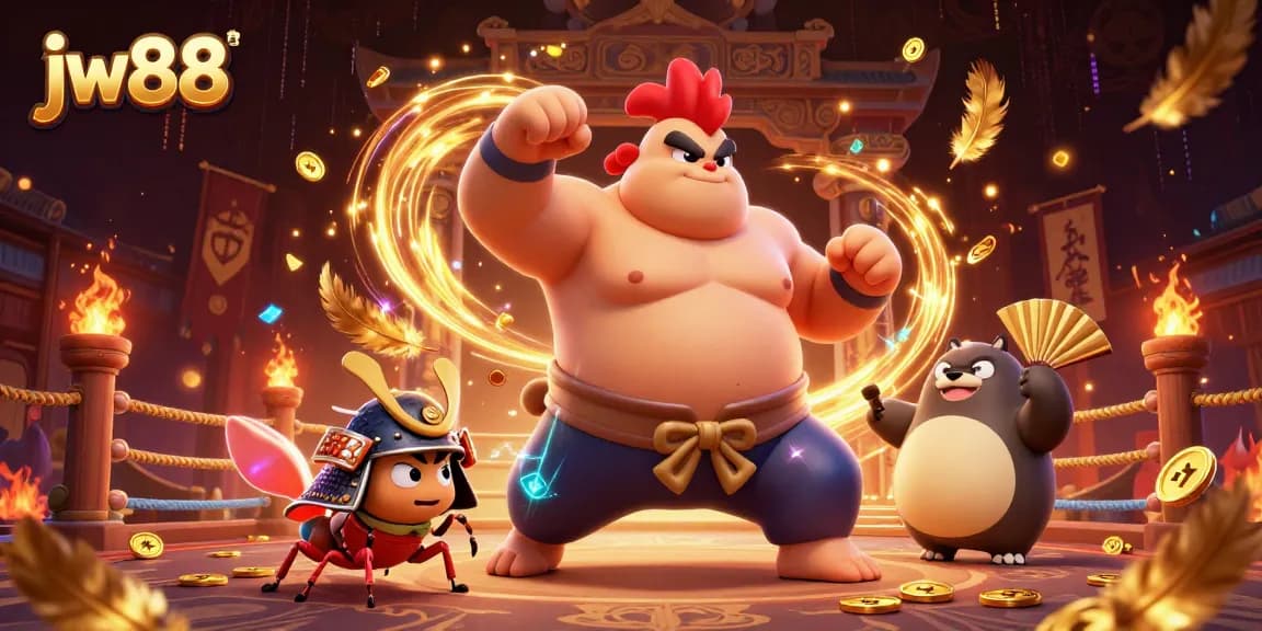 Experience exhilarating gameplay at jw88 with a dynamic sumo rooster and samurai cricket in action.