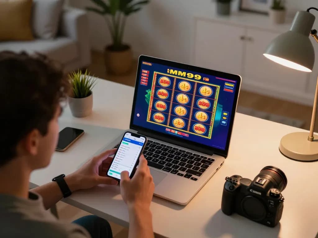 Engaging player using MM99 Slot on laptop in a modern home office, highlighting responsible gaming.