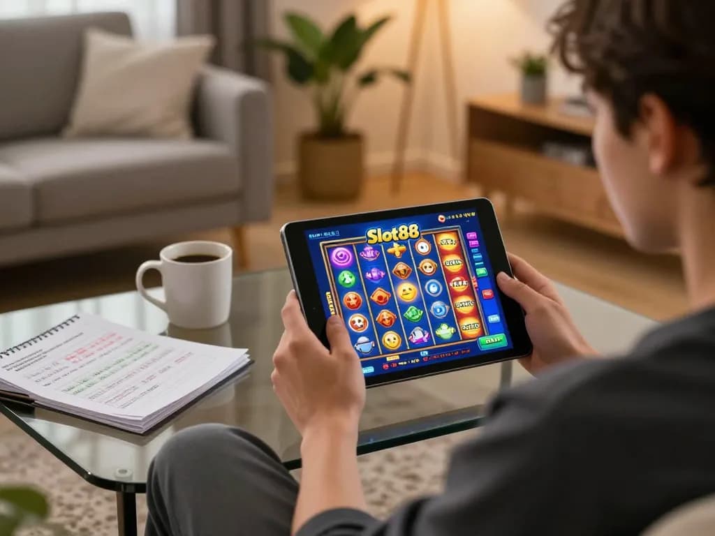 Engaging gameplay on Slot88 with player enjoying an online slots experience in a cozy home