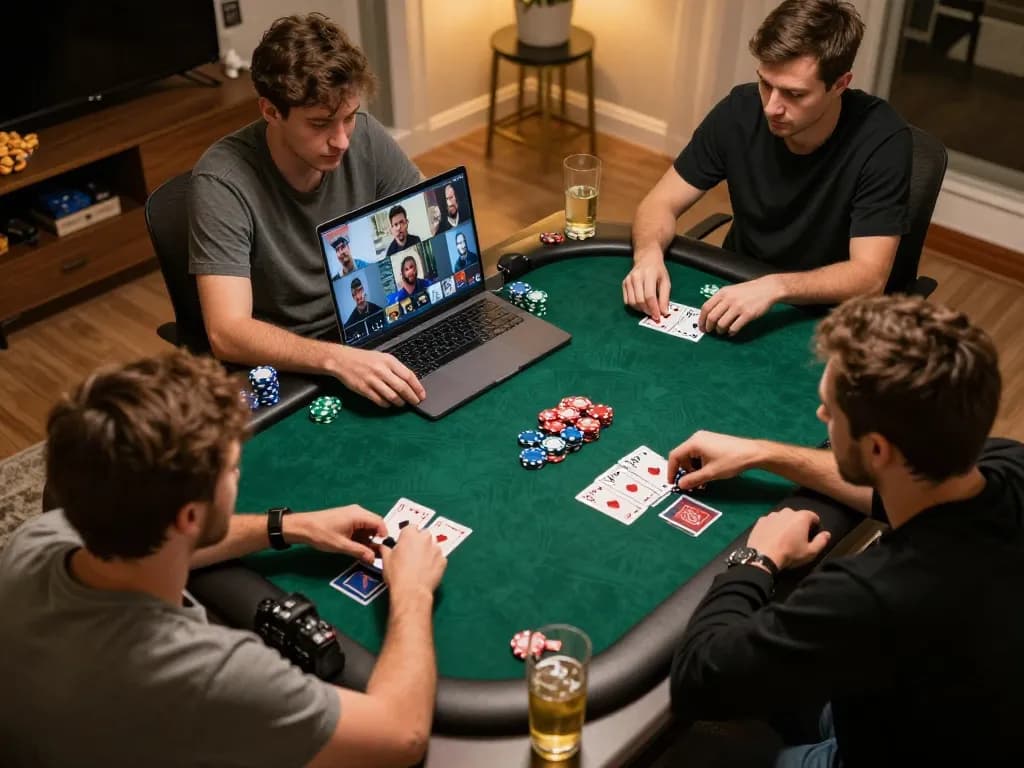 Domino88 players strategizing in an online poker game with dynamic gameplay and cozy home ambiance.