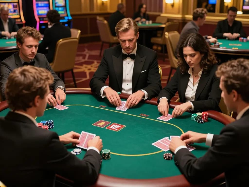 Intense poker action at Jilipinas casino with players analyzing strategies and colorful chips.
