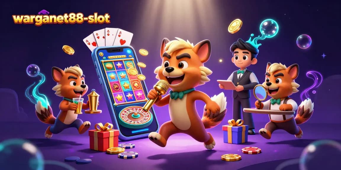 Engage with warganet88-slot at an exciting comedy casino, featuring playful hyenas and vibrant gaming elements.