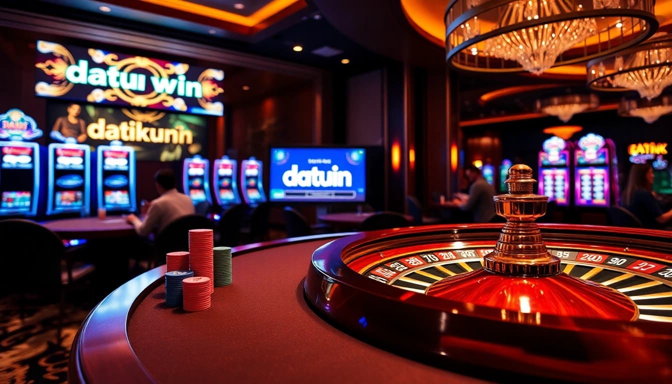 Rasakan sensasi berjudi dengan Datuk Win di meja kasino kelas atas yang menampilkan chip poker berwarna-warni.