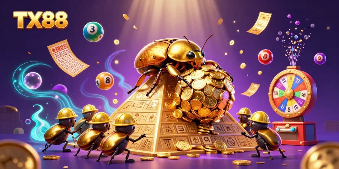 Engage with the vibrant TX88 casino experience featuring dynamic lottery elements amidst a golden backdrop.