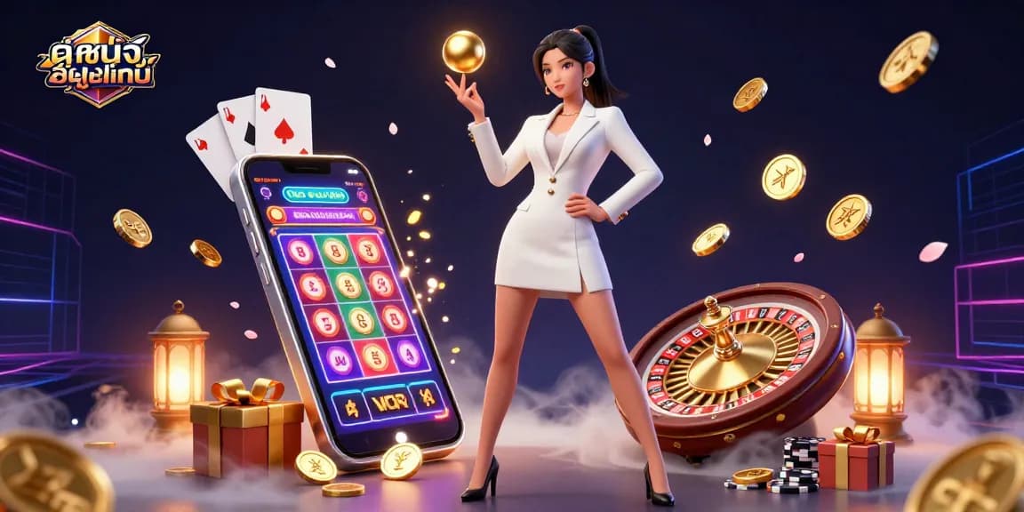 Experience ดูหนังออนไลน์ with a stunning 3D representation of casino elements and a confident woman in a tuxedo.