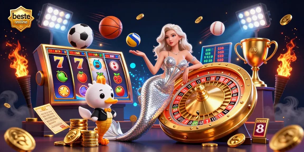 Experience top gaming at beste online casino with a stunning mermaid by a golden roulette wheel.