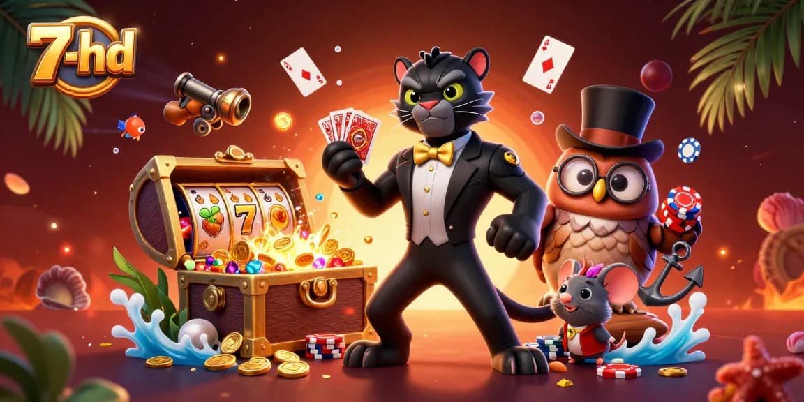 Experience thrilling gameplay on 7-hd as a stylish raccoon elegantly deals cards amidst bursts of gold and vibrant slot machines.
