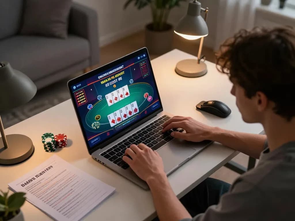 Engaging in online casinos in Canada with vibrant poker gameplay on a laptop, showcasing strategic betting.