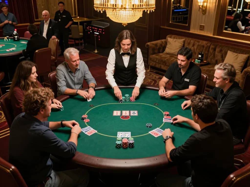 Engaged players strategizing at a pivotal poker game in a lively tylebongda casino environment.