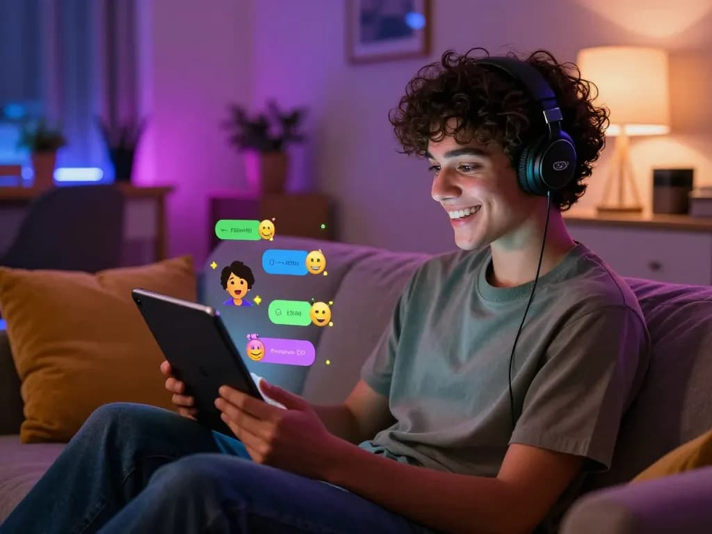 Interactive NSFW chat scene with a user engaging with an AI character on a digital tablet, showcasing a relaxed atmosphere.