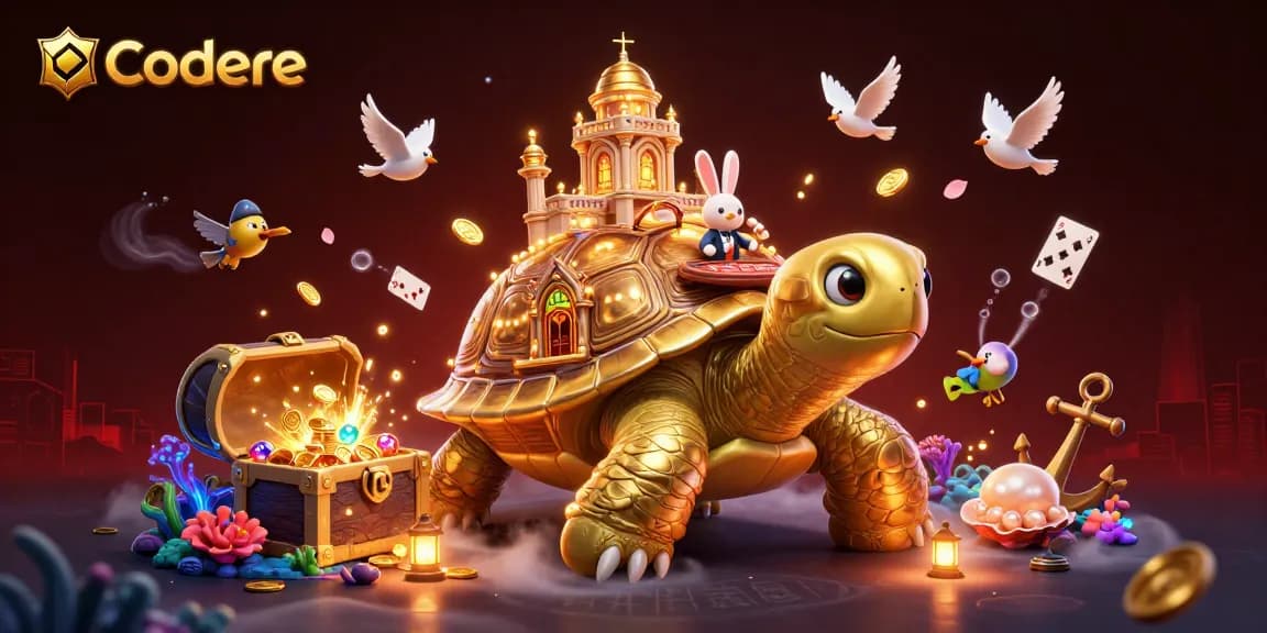 Codere's thrilling casino experience with a golden tortoise and rabbit dealer in a vibrant underwater setting
