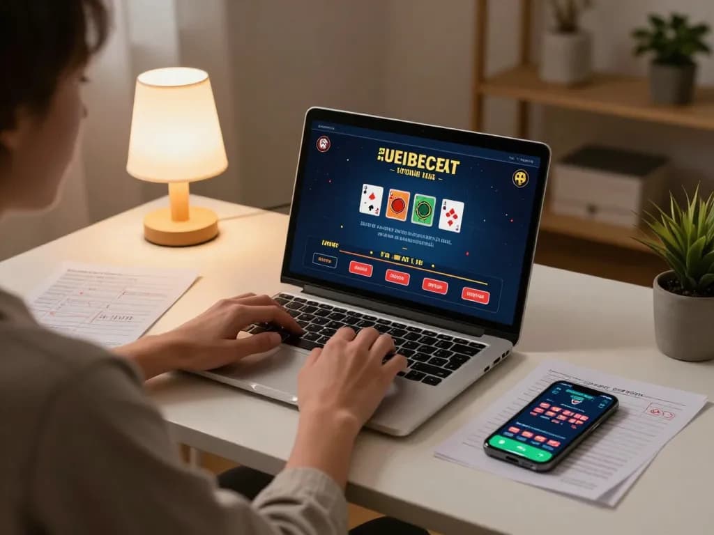 Leci123 user enjoying an online blackjack session on a stylish laptop at home, showcasing responsible gaming habits.