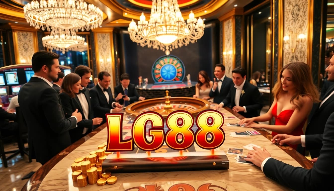 Experience thrilling gameplay at the LC88 casino with vibrant slot machines and elegant gamblers.