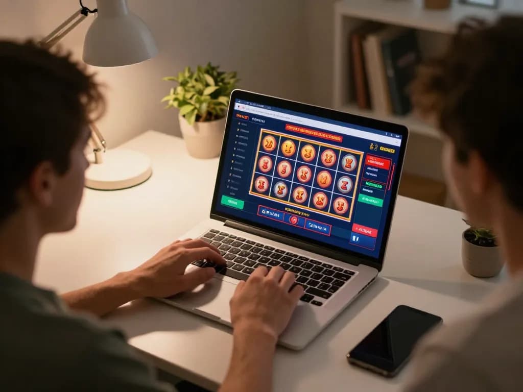 Player spinning reels on casinoatlas gaming app in a cozy home setup, showcasing personal strategy and enjoyment