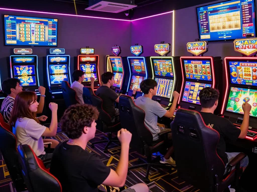Exciting slot gacor gameplay scene showcasing diverse players celebrating wins in a vibrant gaming lounge.