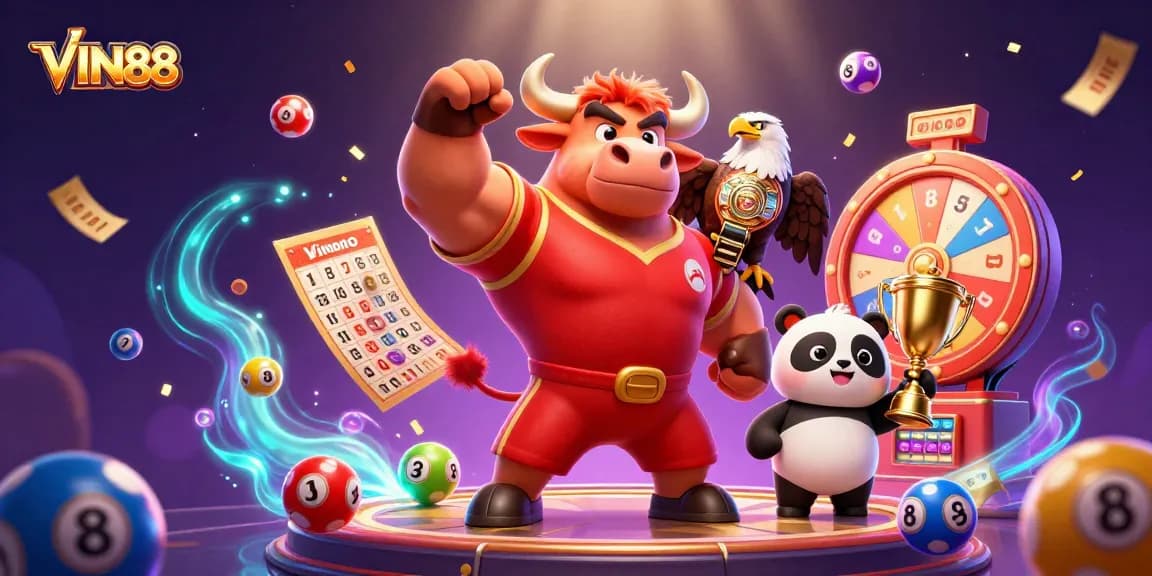 Engage with VIN88's dynamic gaming scene featuring cheerful characters and lottery elements.
