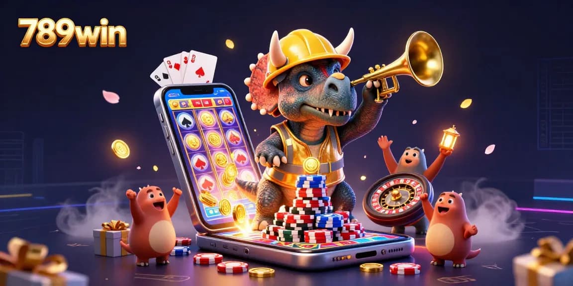 Join the celebration with 789win as the triceratops builds poker chip pyramids in a lively casino scene.