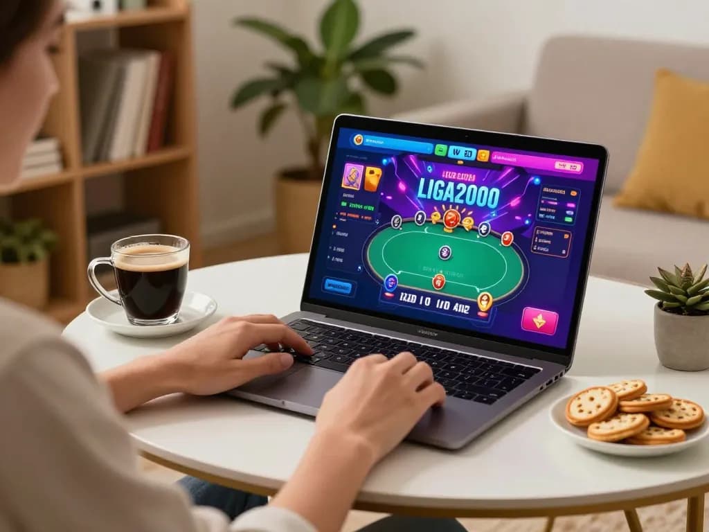 LIGA2000 player strategizing on poker game while enjoying snacks at home