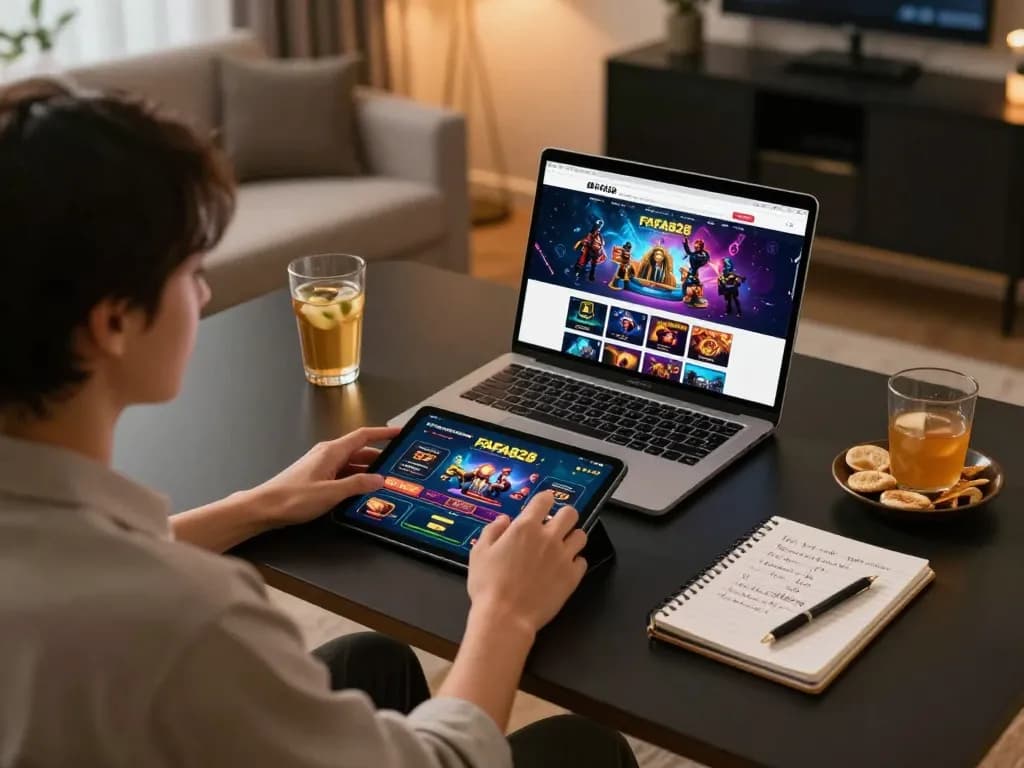 Player engaging in online gaming at FAFA828 with tablet displaying betting interface and strategy notes.