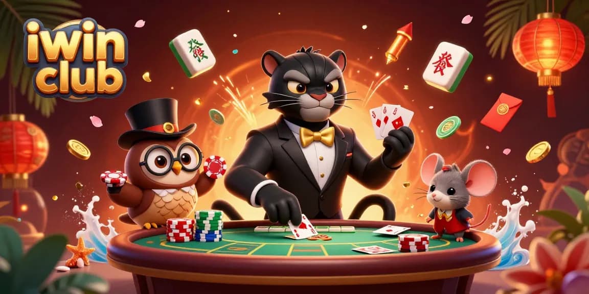 Experience the excitement of iwin club with a stylish black panther dealer and lucky characters in a dynamic casino scene.