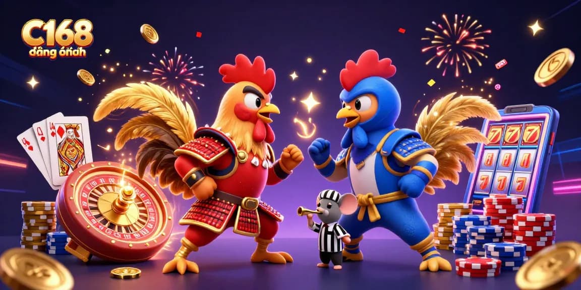 C168 đằng nhập shows twin fighting roosters in a vibrant 3D casino scene with golden coins and cards.