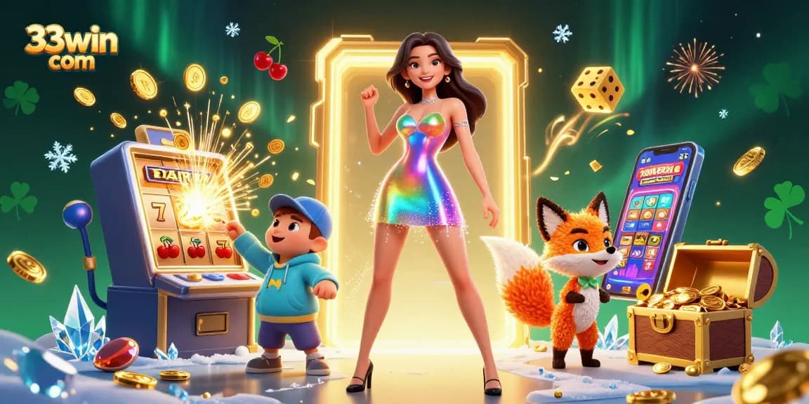 Experience thrilling gameplay with 33win com, where a dazzling woman interacts with vibrant casino elements and animated characters.