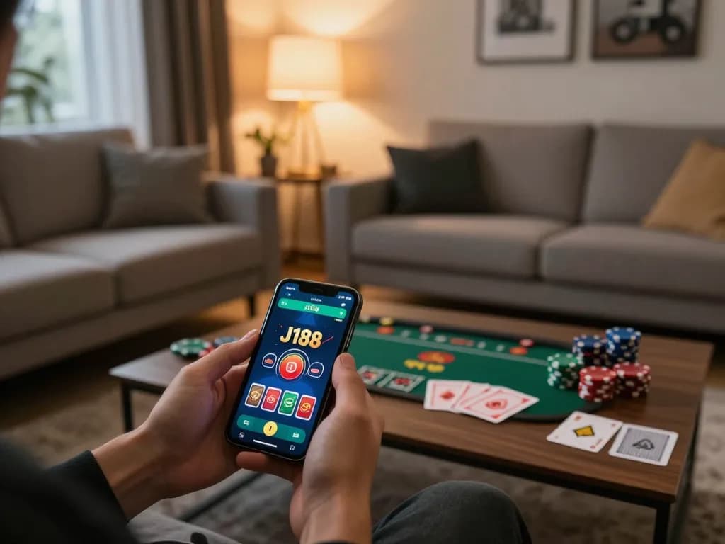 Engaging in online gaming with J188 app on a smartphone in a cozy living room