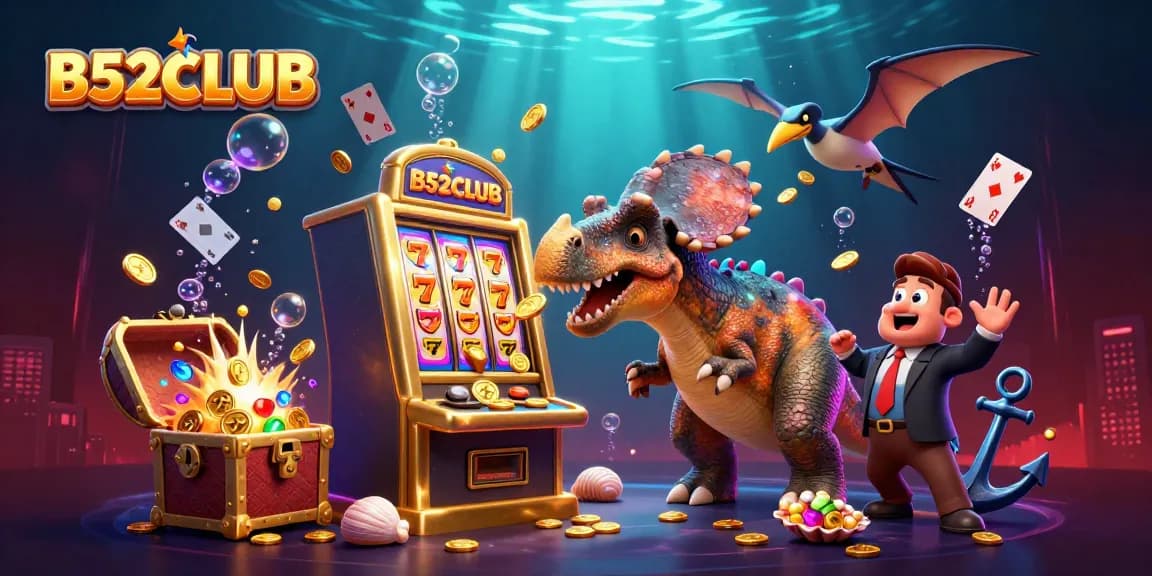 B52CLUB offers an exciting jackpot experience with a pachycephalosaurus, golden coins, and casino vibes.
