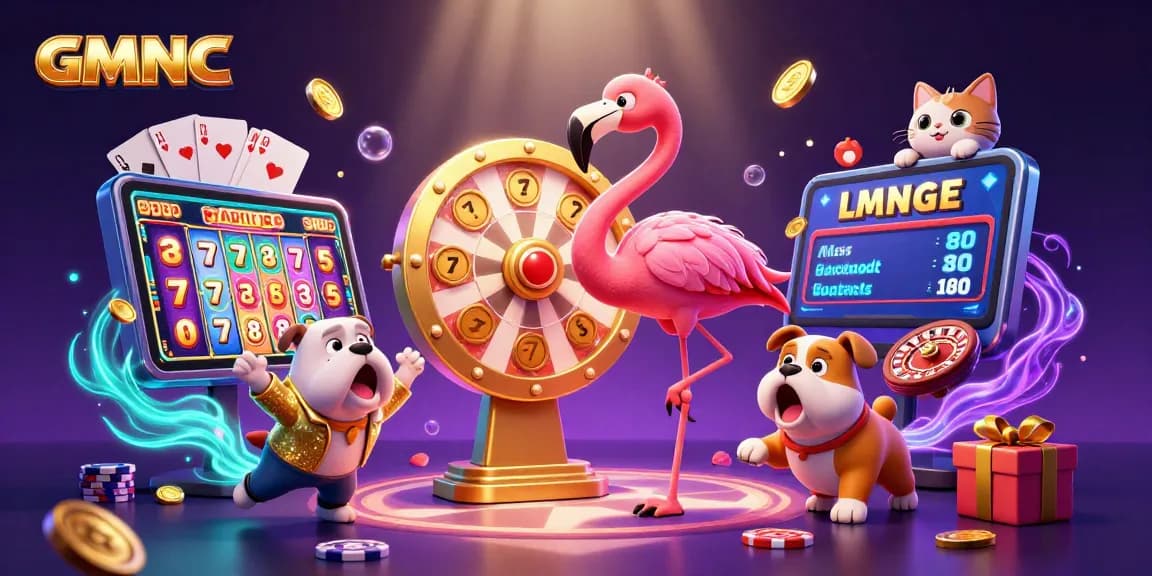 Spin to win with GMNC: A vibrant illustration of a cartoon game show featuring exciting casino elements.