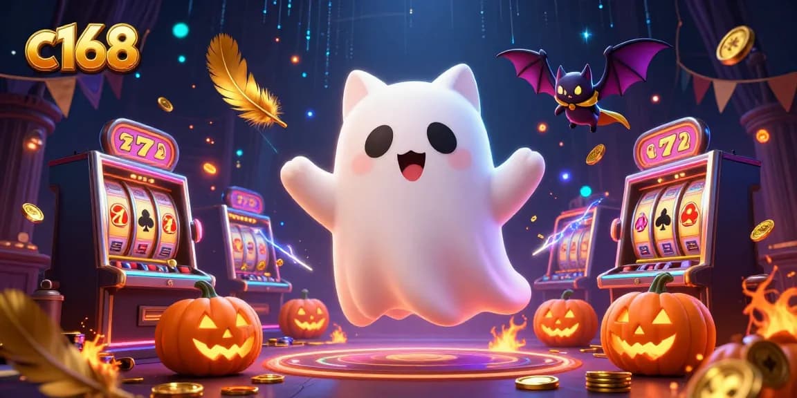 C168 casino scene showcasing a ghost cat and a bat, engaging players in thrilling slots.