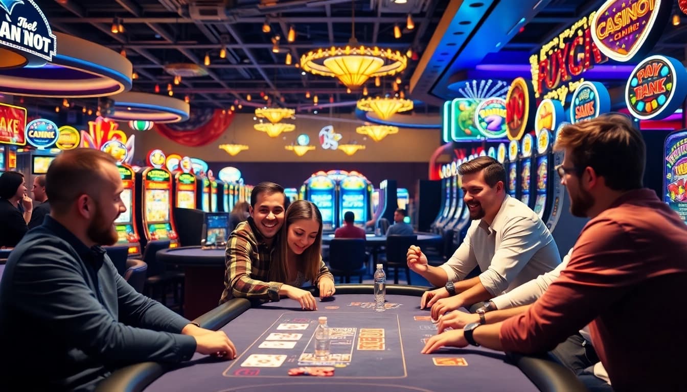 Spannende Casinospielen-Atmosphäre mit Spielern an einem Pokertisch und Slotmaschinen