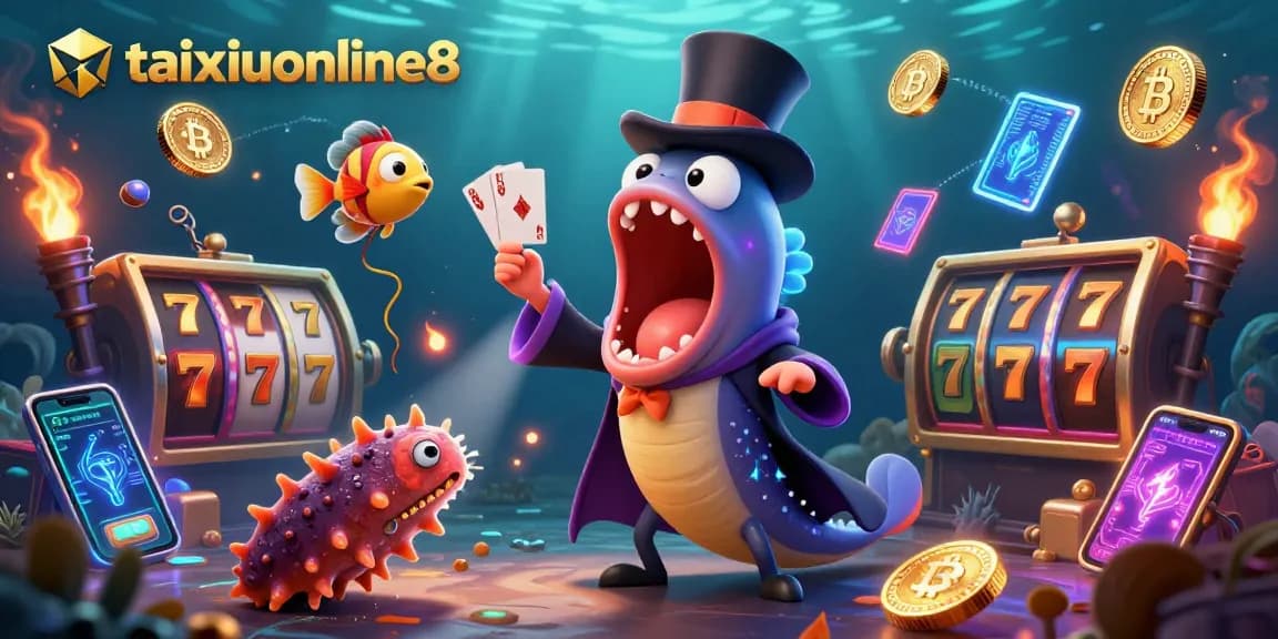 Experience thrilling wins with taixiuonline8 featuring 3D cartoon characters in a dynamic underwater casino scene filled with glowing crypto coins.