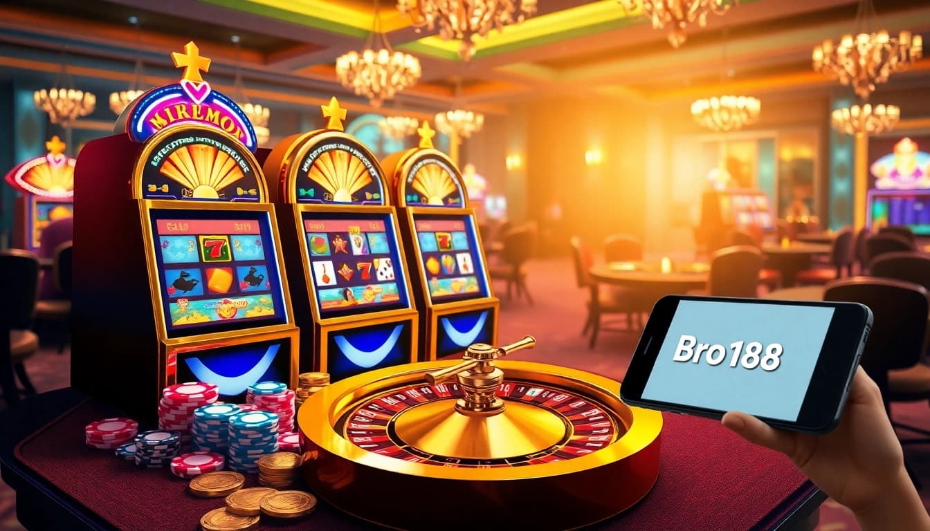 Experience Bro138 slot action with vibrant machines and casino ambiance.