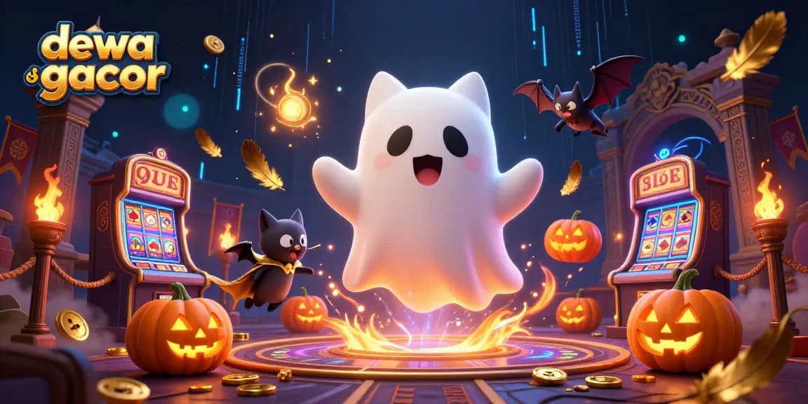 Dewa slot gacor menampilkan kucing hantu melayang di kasino, dikelilingi karakter yang menarik dan koin emas.