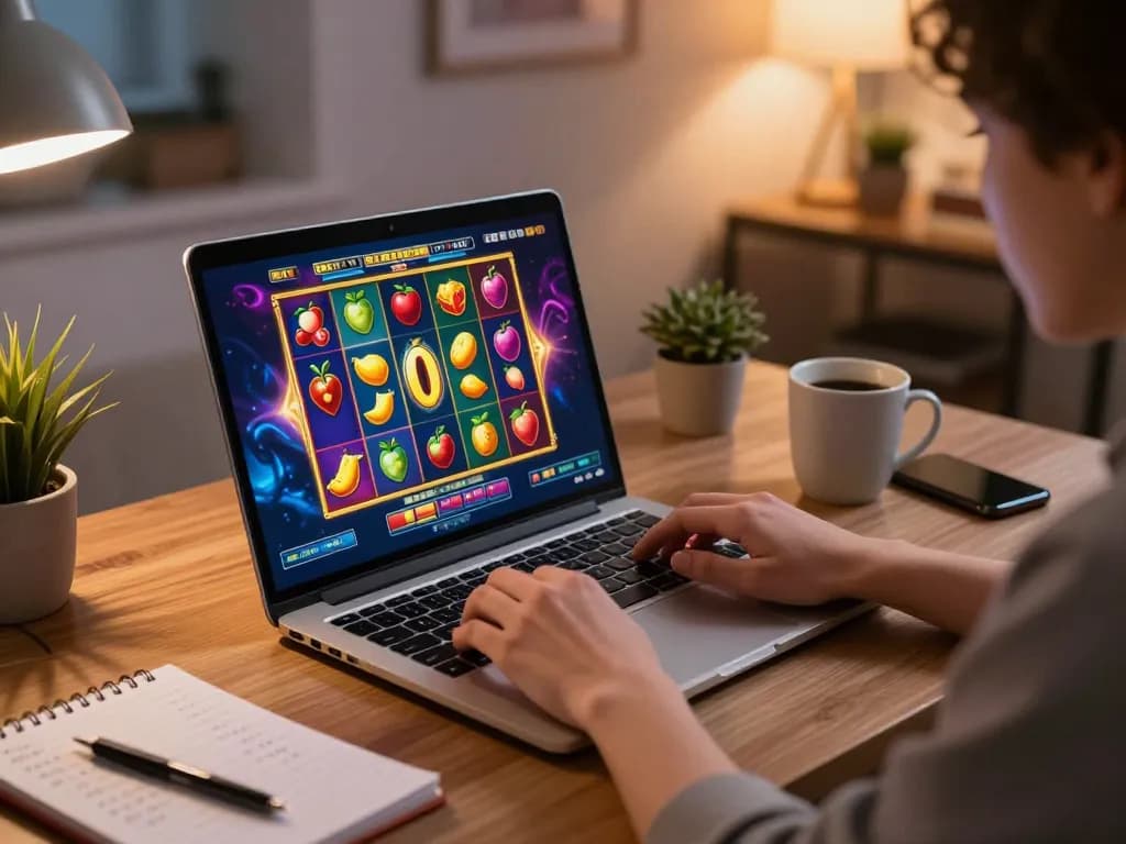 Engaged in slot online gameplay, a player enjoys a colorful gaming session at home with bright slot visuals and strategy notes.