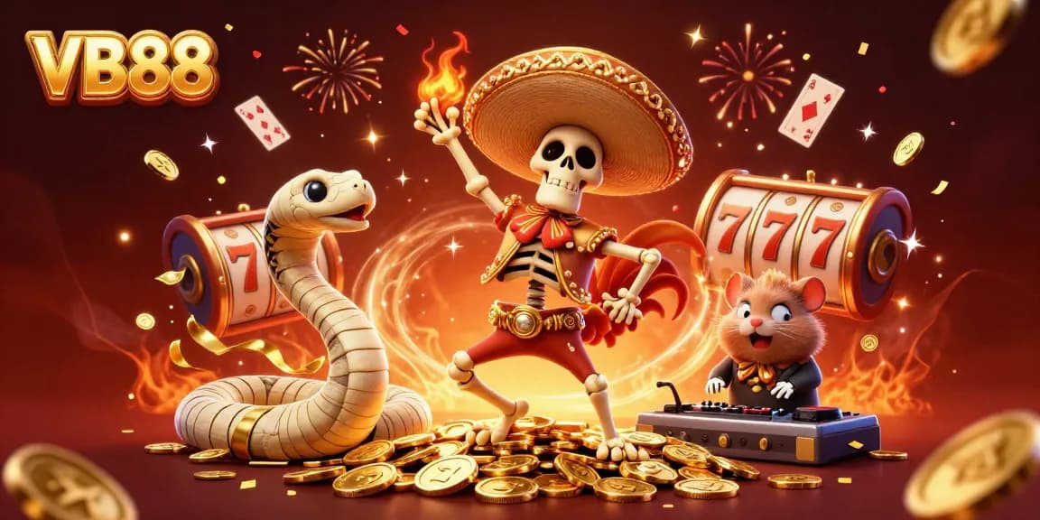 Spin and win with VB88 in a festive casino scene full of vibrant characters and elements.