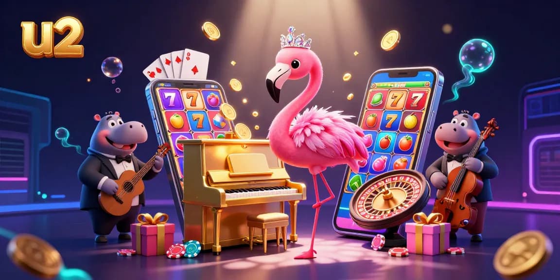 u2 casino scene featuring vibrant slot games, entertainers, and engaging gaming elements.