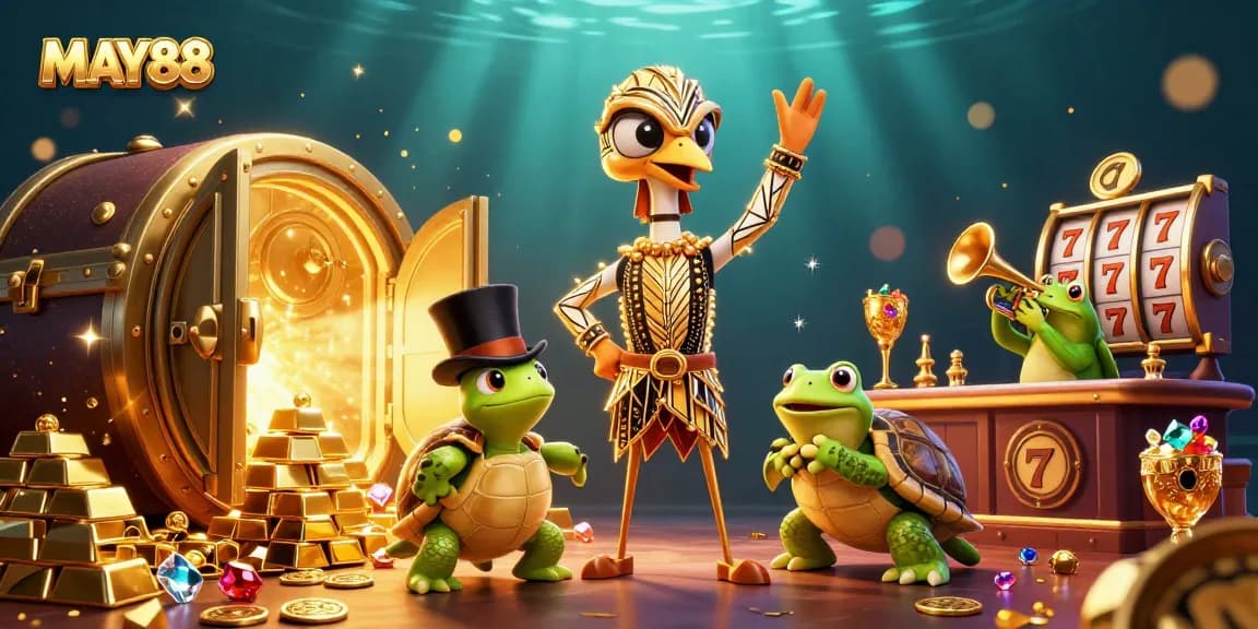 MAY88 showcases a lively 3D casino scene featuring a whimsical crane, turtle, and frog, highlighting vibrant slot game elements.