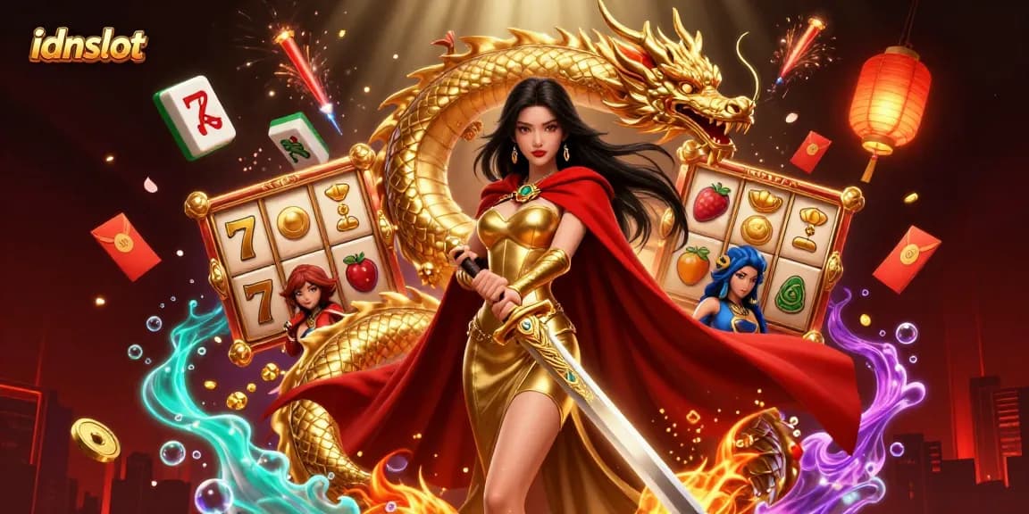 Play winning slots at idnslot with a majestic queen and dragon in a dynamic casino scene.