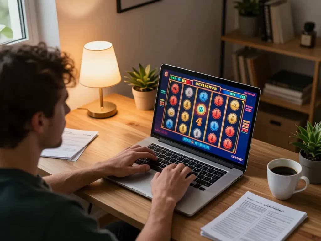 Terlibat dalam pengalaman Demo Slot di laptop dengan gameplay yang cerah di meja rumah yang nyaman.
