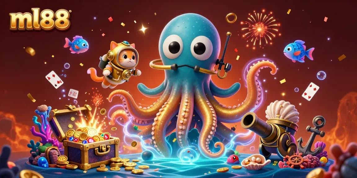 Play exciting games at ml88 while the cartoon kraken cherishes golden treasures and adventures.
